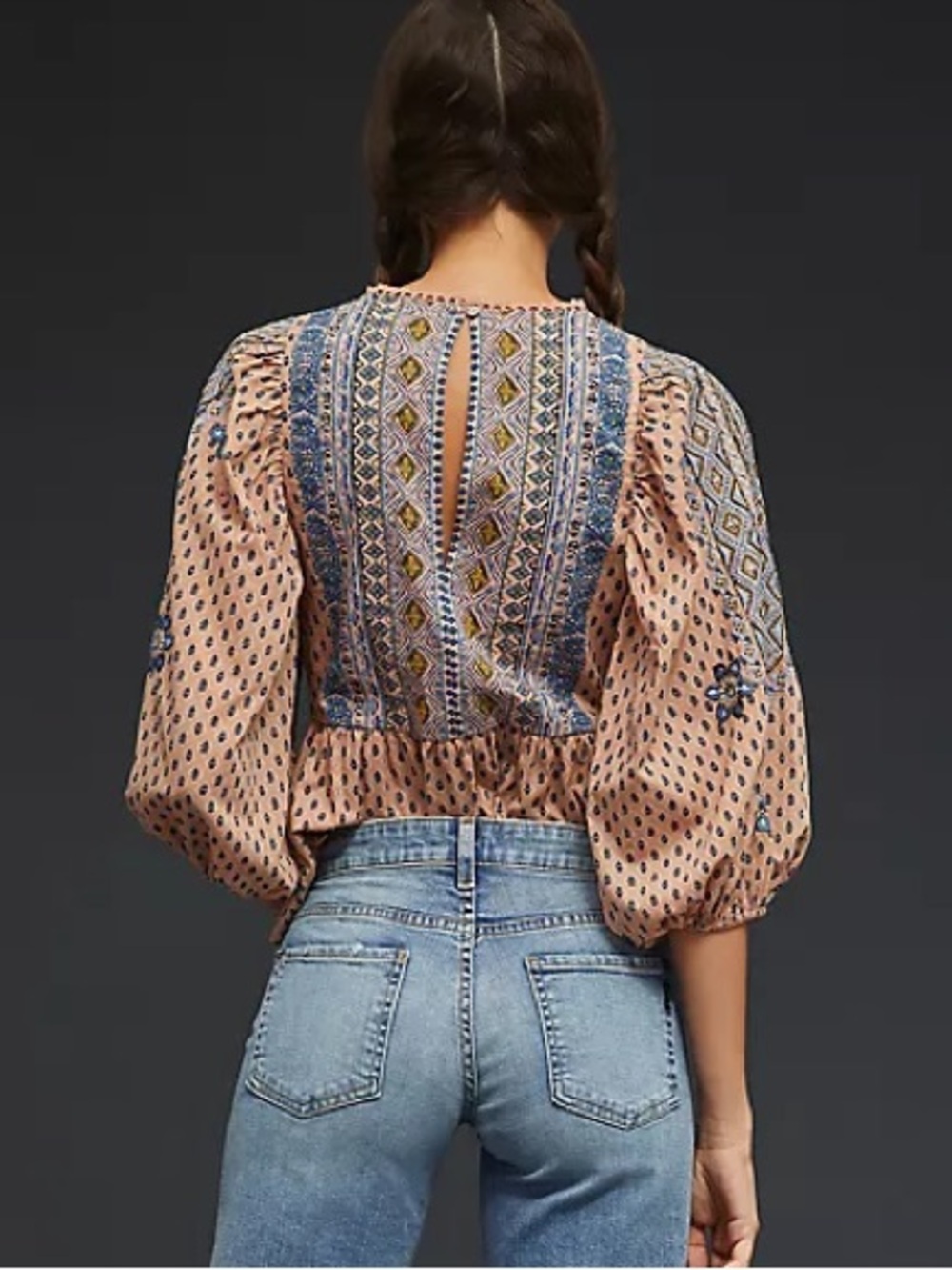 Anthropologie peasant printed peplum embroidered cotton top puffy sleeves - Picture 3 of 5